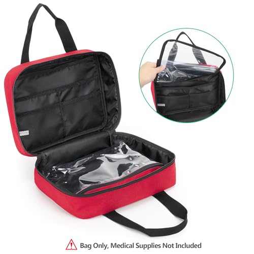 Image of CURMIO Empty First Aid Kits Case, Portable Emergency Kit Organizer, Red | Medical Bag for Emergency Supplies and Pill Bottles, Large Capacity, for Hiking, Camping, Car, Travel, Home and Outdoor