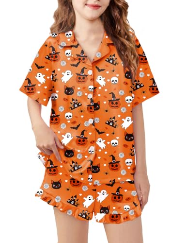 Image of Arshiner Girls Pajamas Silk Satin Pajama Set Button Pjs Ruffle Sleepwear | 2 Piece Nightwear, Silky Soft Lounge for Little & Big Kids, Ideal for Sleeping and Sleepover Party