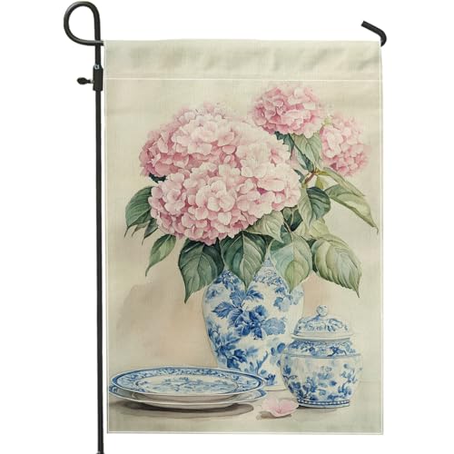Bandera de jardín de hortensias de melocotón, decoración floral azul y blanca para el hogar, bandera de patio, arpillera de doble cara, decoración de césped al aire libre, decoración de primavera y