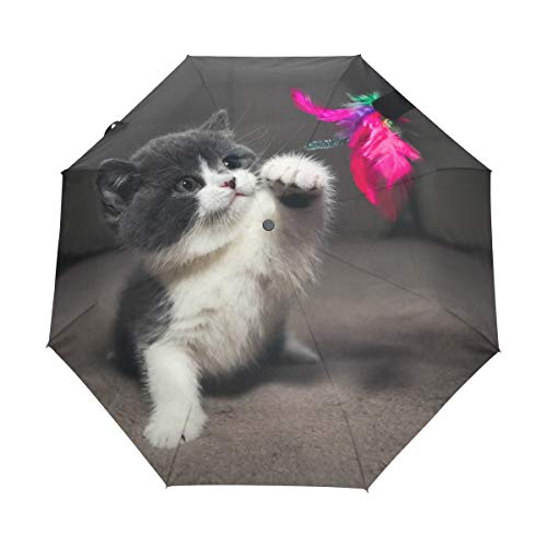 Graue Katze Kitty Blume Regenschirm Auf-Zu Automatik UV-Schutz Taschenschirm Winddichter Umbrella Klein Leicht Schirm Kompakt Schirme für Jungen Mädchen Reise Strand Frauen
