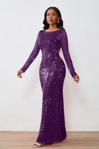 Image of VERWIN Women's Sequins Bodycon Round Neck Long Sleeve Sparkly Mermaid Maxi Dress for Casual Party Cocktail