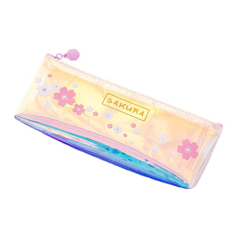 3PCS Zipper Laser Pencil Case Fashion Laser Transparent Flower Pencil Box for Girls, Student, School(Three Pink Flowers)