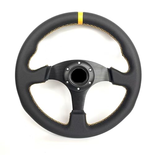 Volante sportivo a fondo piatto da 330 mm, in vera pelle con cuciture rosse e gialle, ruota universale da gioco per auto e PC, aggiornamento stile da corsa (pelle gialla Omp)