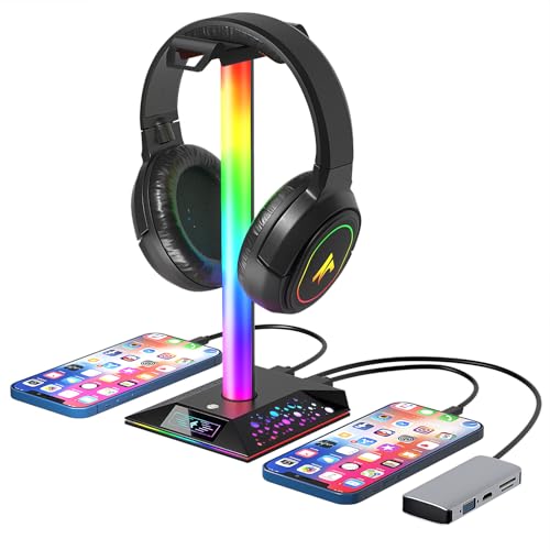 Gaming Headphone Stand PC Accessories - RGB Headset Stand with 2 USB Charger, Cool LED Headphone Holder PC Gaming Accessories Gift for Boys Men Gamers, Computer Game Hardware for Desk