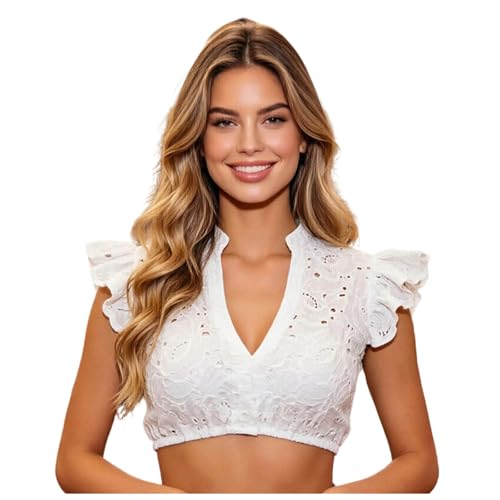 Generisch Dirndl Bluse Damen Weiß Dirndlbluse V-Ausschnitt Trachtenbluse Flügelärmel Dirndlblusen Elegant Spitzenbluse Kurzarm Hochgeschlossen Schlichte Bluse für Dirndl Tracht Oktoberfest