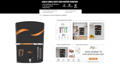 Image of Aqua Libra ISI Mark Water Purifier for Home with RO + UV + UV LED | 12L Storage Tank | Suitable for Borewell, Tanker & Municipal Water | Premium Black Design | Pan India Service Support