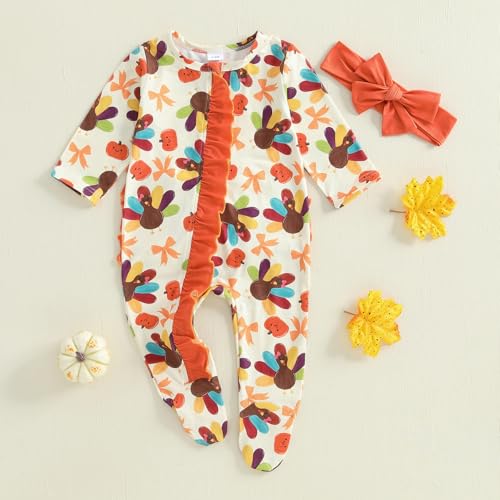 Newborn Baby Girl Thanksgiving Outfit Ruffled Turkey Print Romper Jumpsuit Infant Girl Thanksgiving Clothes 3M 6M 12M3