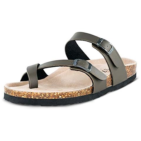 TF STAR Adjustable Sandals, Mayari Flat Leather Casual Slippers for Women & Ladies, Flip-Flops Ring Open-Toe Slide Cork Footbed for Teenagers/Girls, Khaki, 9 UK Cover