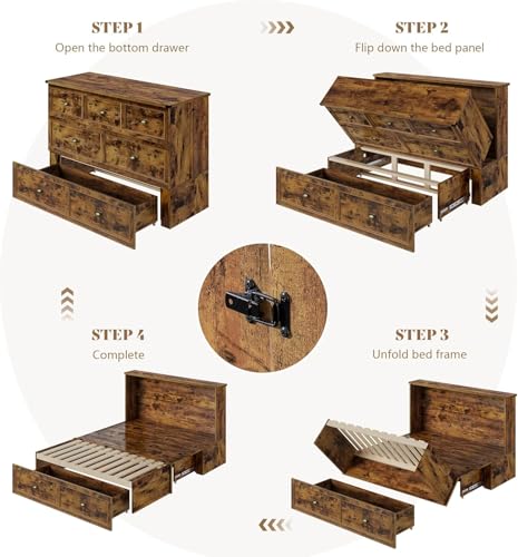 AMERLIFE Full Size Murphy Bed, Farmhouse Wooden Cabinet with Charging Station and Storage Drawer for Bedroom/Office/Guest Room, Rustic Brown