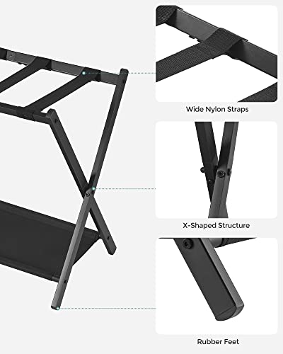 SONGMICS Luggage Rack for Guest Room, Suitcase Stand with Storage Shelf, Steel Frame, Foldable for Easy Storage, Hotel, Bedroom, Black URLR003B01