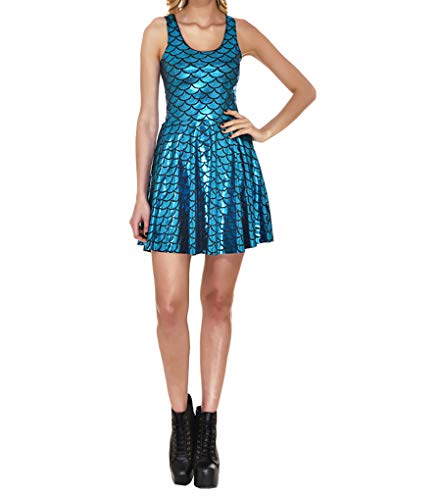 Image of LinvMe Women Shiny Mermaid Fish Scale Sleeveless Pleated Flared Dress