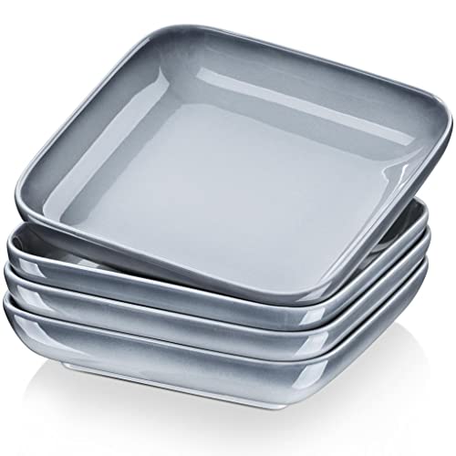 Lovecasa Square Pasta Bowls Set Of 4, Ceramic 8.25" Square Serving Bowls Dinner Plates, 32 Oz Large Pasta Bowls Salad Bowls, Cereal Dessert Plates, Gray #TOP15