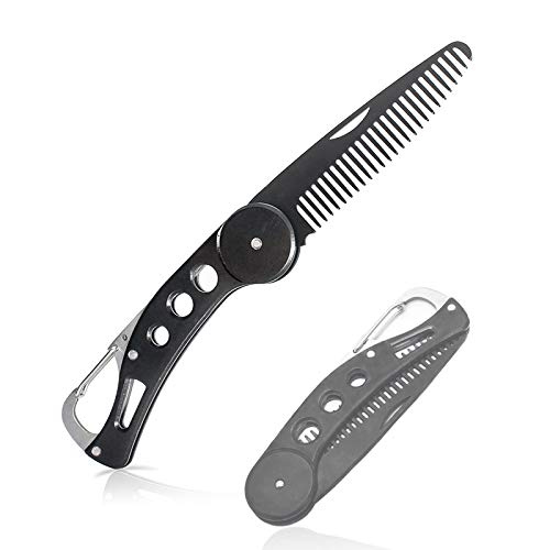 Black Stainless Steel Beard Comb, Folding and Portable Instant Styling Flowing Beard and Mustache Pocket Comb for Men