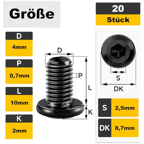 20 Stück M4 x 10 mm Flachkopfschrauben Innensechskant Antrieb Edelstahl A2 V2A Schrauben Schwarz Vollgewinde mit Innensechskantschlussel
