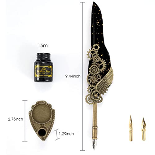 Image of Luxury Feather Quill Dip Pen Set with Stand & Black Ink - Vintage Calligraphy Writing Kit with 2 Extra Nibs - Elegant Signature Pen Gift for Kids, Writers & Artists (Ink Feather Pen Black)
