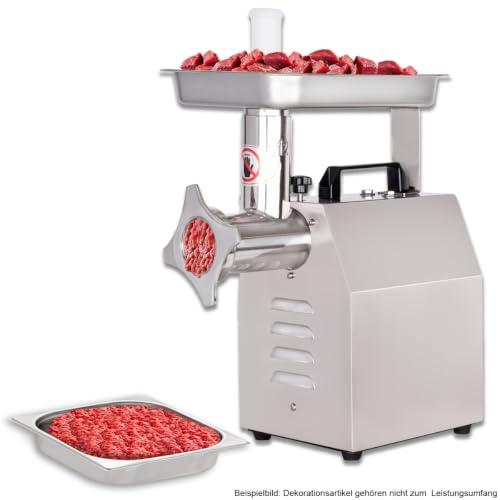 Foto von Beeketal 'FW120B' Profi Gastro Edelstahl Fleischwolf mit 120 kg/Std. Durchsatz,800 Watt Motor, 1 Geschwindigkeit, Tragegriff, inkl. 3x Messer, 3x Lochscheiben (3-6-8 mm), Stopfer, Rückwärtsgang