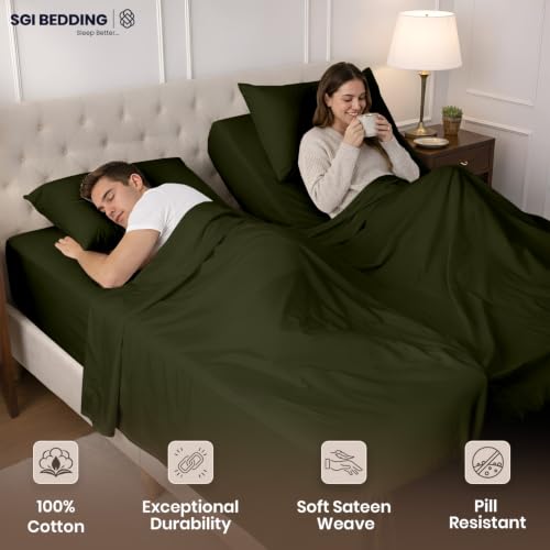 Image of SGI Split King Sheet Set for Adjustable Bed Egyptian Premium Cotton 600 Thread Count Sheets for Sleep Number Bed 15 inch Deep Pocket 5 Pc Set with 2 Twin XL Fitted Sheets Soft Breathable - Olive Green