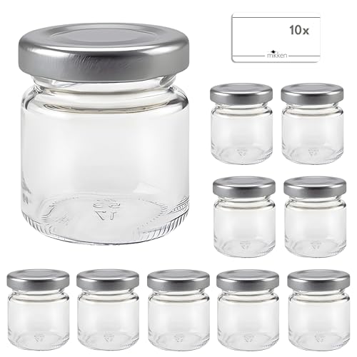 mikken 10 mini tarros de mermelada de 53 ml con tapa plateada, incluye etiquetas