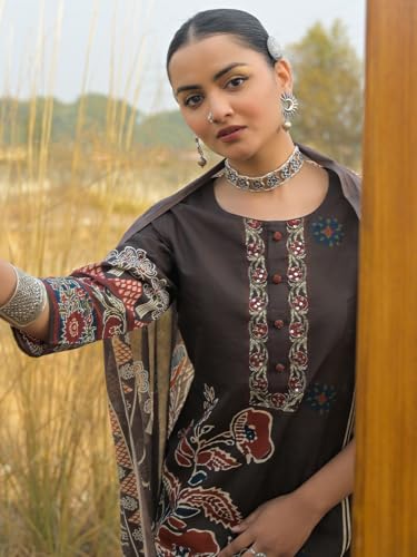 Image of INDO ERA Women's Green Pure Cotton Floral Printed Sequinned Kurta & Pant with Dupatta Set