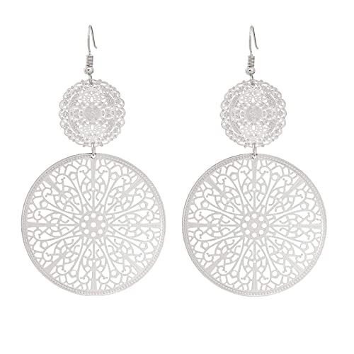 Filigree Disc Drop Earrings Double Round Disc Statement Earrings Metallic Brass Disc Dangle Hook Earrings #TOP5