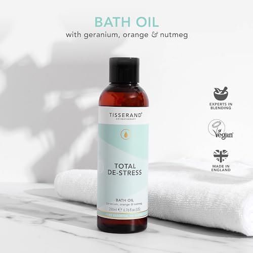 Tisserand Aromatherapie Anti-Stress-Badöl, 200 ml mit beruhigender Orange, ausgleichender Geranie und wärmenden Muskatnuss