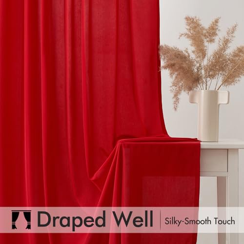 Image of MIULEE Red Semi Sheer Privacy Curtains Drapes 2 Panels 52W x 72L | Semi sheer privacy, non-see-through, light filtering, fits kitchen, bathroom, bedroom