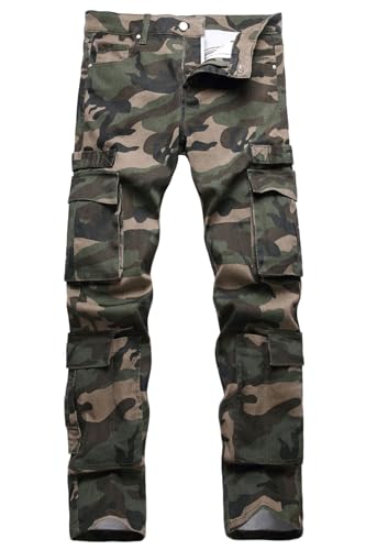 Men's Casual Printed Camo Cargo Jeans Work Combat Cargo Pants Trousers with 8 Pockets,5708 Camo,Size 42