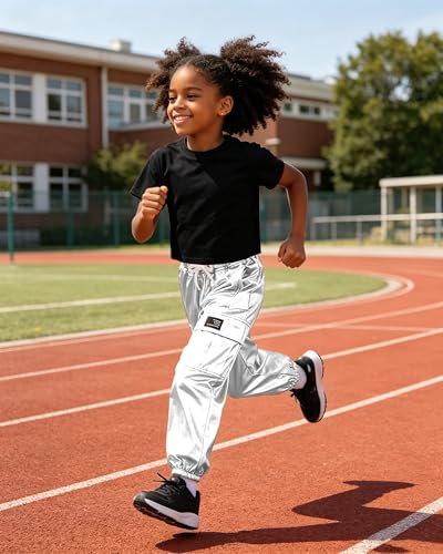 Image of SANGTREE 2 Piece Outfits Girls, Cute Black Short Sleeve+ Silver Metal Cargo Jogger Pants with Multi Pockets Elastic Waist, X-Large