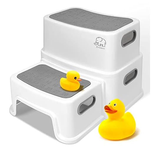 Toddler Step Stool for Bathroom Sink, 2 Step Stool for Kids Toilet Potty Training, Non-Slip Toddlers Baby Child Kid Plastic Poop Stools with Handle to Reach Kitchen Counter Bed (White-Grey)