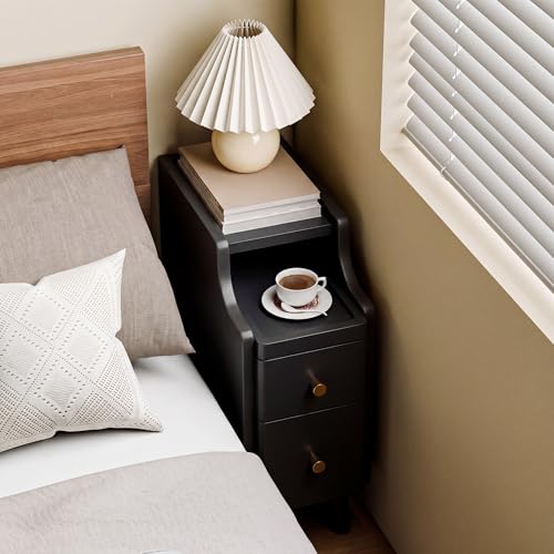 Image of Nightstand, Pre-Assembled, 19.7 inchH Solid Wood Narrow Night Stand with 2 Drawers, Open Sliding Shelf, Mid Century Modern Small Bedside Table for Bedroom, Black 8 inch