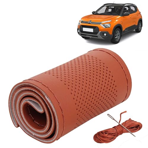 Image of KINGSWAY PU Leatherite Car Steering Cover Sewable Compatible with Citroen C3 (Year 2022 Onwards), Tan Color with Tan Thread, Pack of 1 with Sewing Needle and Thread