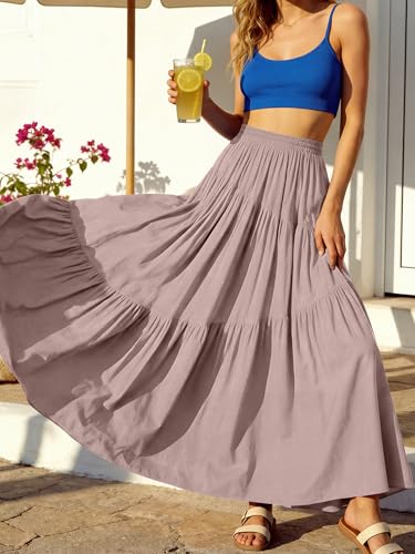 Image of ANRABESS Women's Boho Elastic High Waist Pleated A-Line Flowy Swing Asymmetric Tiered Maxi Long Skirt Dress with Pockets