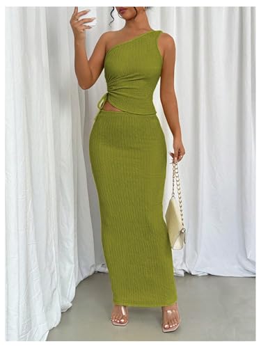 Floerns Women's 2 Piece Outfit Drawstring One Shoulder Tank Top Bodycon Long Skirts Set4