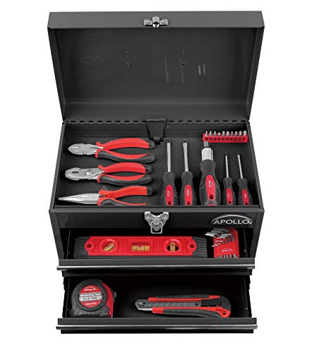 APOLLO TOOLS Black Metal Tool Box with Deep Top Compartment and 2 Drawers in Heavy-Duty Steel Chest With Ball Bearing Opening And Powder Coated Finish - DT5010