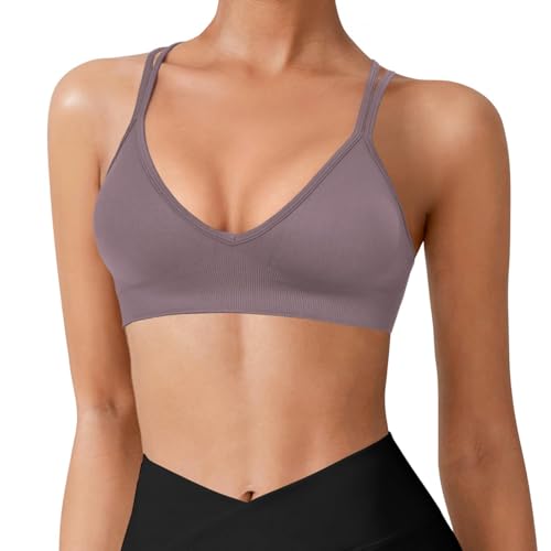 Image of VEQKING Seamless V-Neck Cross Back Women Sports Bra for Small Chest, 3 Pack | Made for A-C Cups, Spaghetti Straps, Removable Padded, Comfort Wireless for Low Impact Workout: Yoga, Lounging & Daily Wear