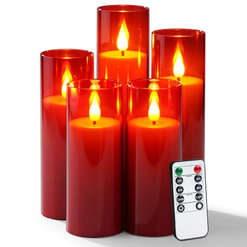 Image of Amagic Red Flameless Candles with Remote, Battery Operated Candles with Timer, Acrylic Flickering LED Candles for Christmas Decor, 3D Wick, Warm Yellow Glow, D2.2 xH5 5 inch 6 inch 7 inch 8 inch, Set of 5