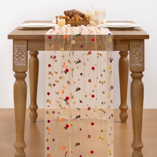 Image of MLMC Spring Floral Table Runner 10ft Seasonal Tulle Daisy Embroidery Table Runner Colorful Flower Holiday Kitchen Dining Table Decoration for Wedding Home Tea Party Outdoor Picnic Decor