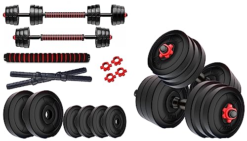 Image of Kore 3 in 1 Convertible 40 Kg PVC Adjustable Dumbbells Set - Black & Kore 20 KG PVC-DM COMBO16 (3Kg X 4 Plates + 2Kg X 4 Plates) Home Gym Dumbbells Kit