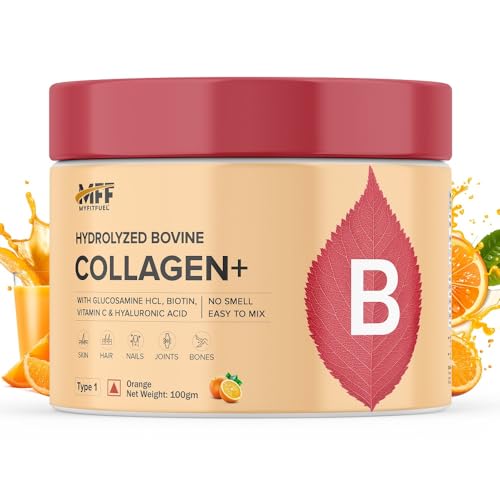 Image of MyFitFuel Hydrolyzed Bovine Collagen (100gm, Orange) with Biotin, Hyaluronic Acid, Zinc, Vitamin C & Glucosamine | For Skin, Hair, Nails & Joints