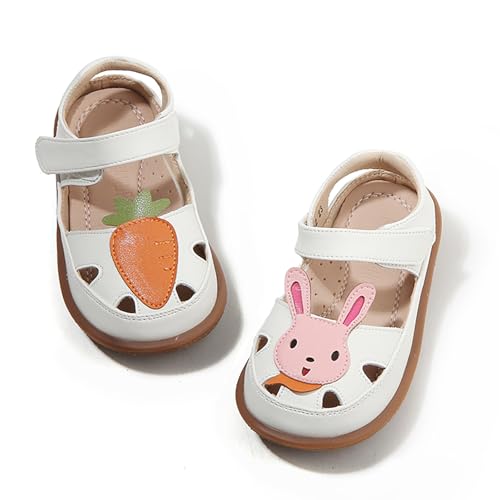 Image of Toddler Girl Sandals with Flower, Breathable Leather kids Closed Toe Sandals, Soft Rubber Non-Slip Summer Shoes for Little Girls 2-7 Years