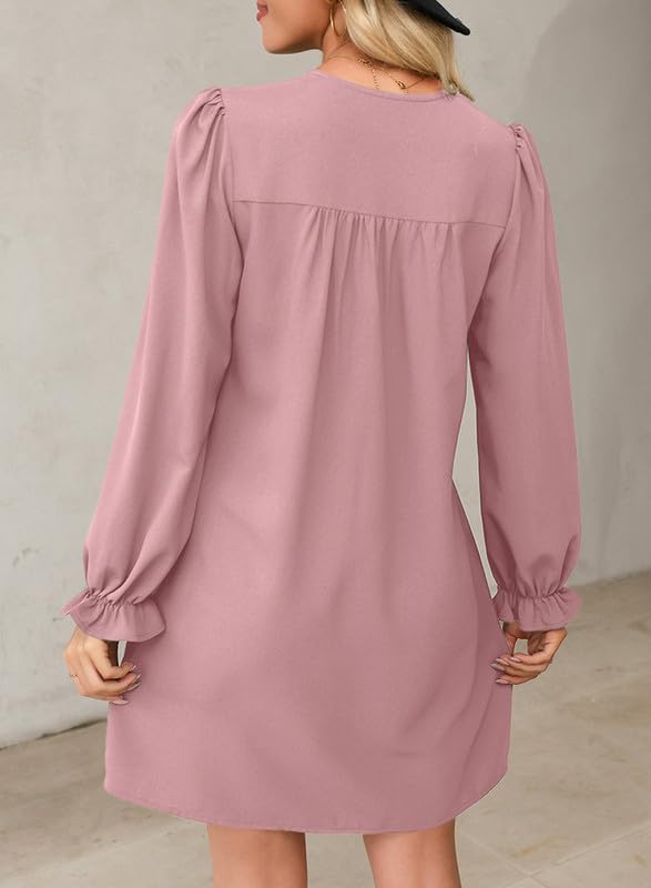 Image of Dokotoo Womens Casual Dress A-Line Ruffle Sleeve V Neck Midi Dress 2025 Fashion Pleated Flowy Sundress Loose Shirt Dresses