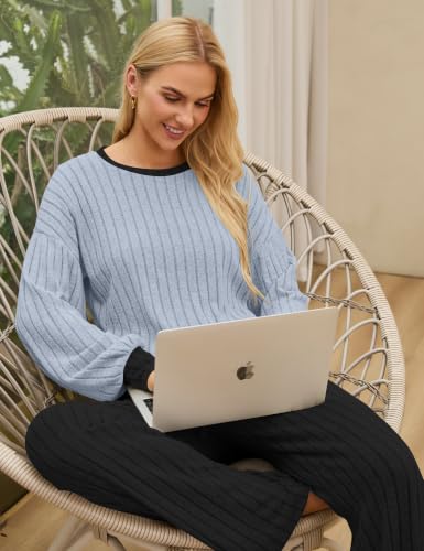 Image of Blooming Jelly Women Ribbed Long Sleeve Pajama Sets Fall Loungewear Pockets