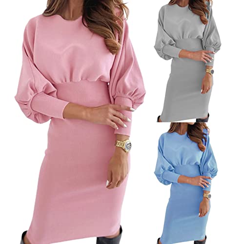 maiduoduo01 Vestido midi lanterna, manga comprida, gola redonda, cintura justa, comprimento até o jo