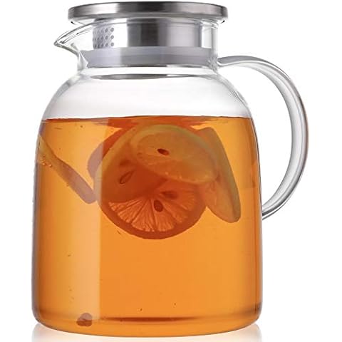 Hedume 2 Liter 68 Ounces Glass Pitcher with Lid, Large Heat Resistant Glass Beverage Pitcher, Glass Water Pitcher with Lid and Handle, Carafe for Iced Tea, Wine, Coffee, Milk and Juice Beverage Cover