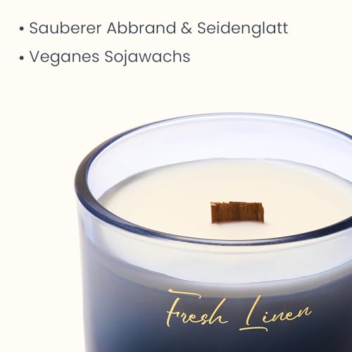 M&SENSE Duftkerze Frische Leinen|Knisterkerze mit Holzdocht|280g 60 Stunden Lang Brennende Sojawachs Duftkerzen im Glas|Luxus Kerze Geschenk für Männer und Frauen – Bild 4