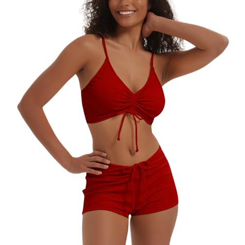 Meioro Traje de baño Sólido Conjuntos de Bikinis para Mujer Bikini Sets Corto con Lazo en la Parte Delantera Ropa de Playa de Dos Piezas Trajes de Baño Atléticos