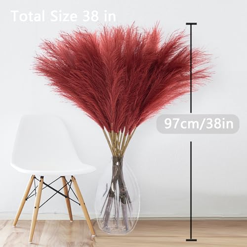 Image of 38 inch 10 Stems Faux Pampas Grass Tall Decor Red Pampas Grass for Floor Vase