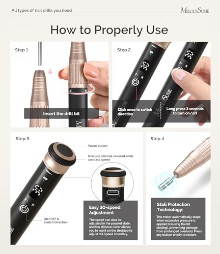 Image of MelodySusie Pen-Shaped Stepless Speed Adjustment Cordless Nail Drill, SM220G 30000RPM Portable Rechargeable E-File with Rotary Lock for All Manicure Shaping & Acrylic Gel Removal for Pros at Home