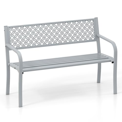 COSTWAY Garden Bench, 2-Person Heavy Duty Metal Frame Loveseat Park Bench, Outdoor Furniture Leisure Seating Patio Chair for Entryway, Porch & Backyard (Grey, 127 x 59 x 82 cm)