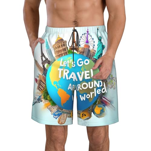 PHJAdq Let's go Travel Around The World - Pantalones cortos elásticos para hombre, de secado rápido, para playa, Negro, M